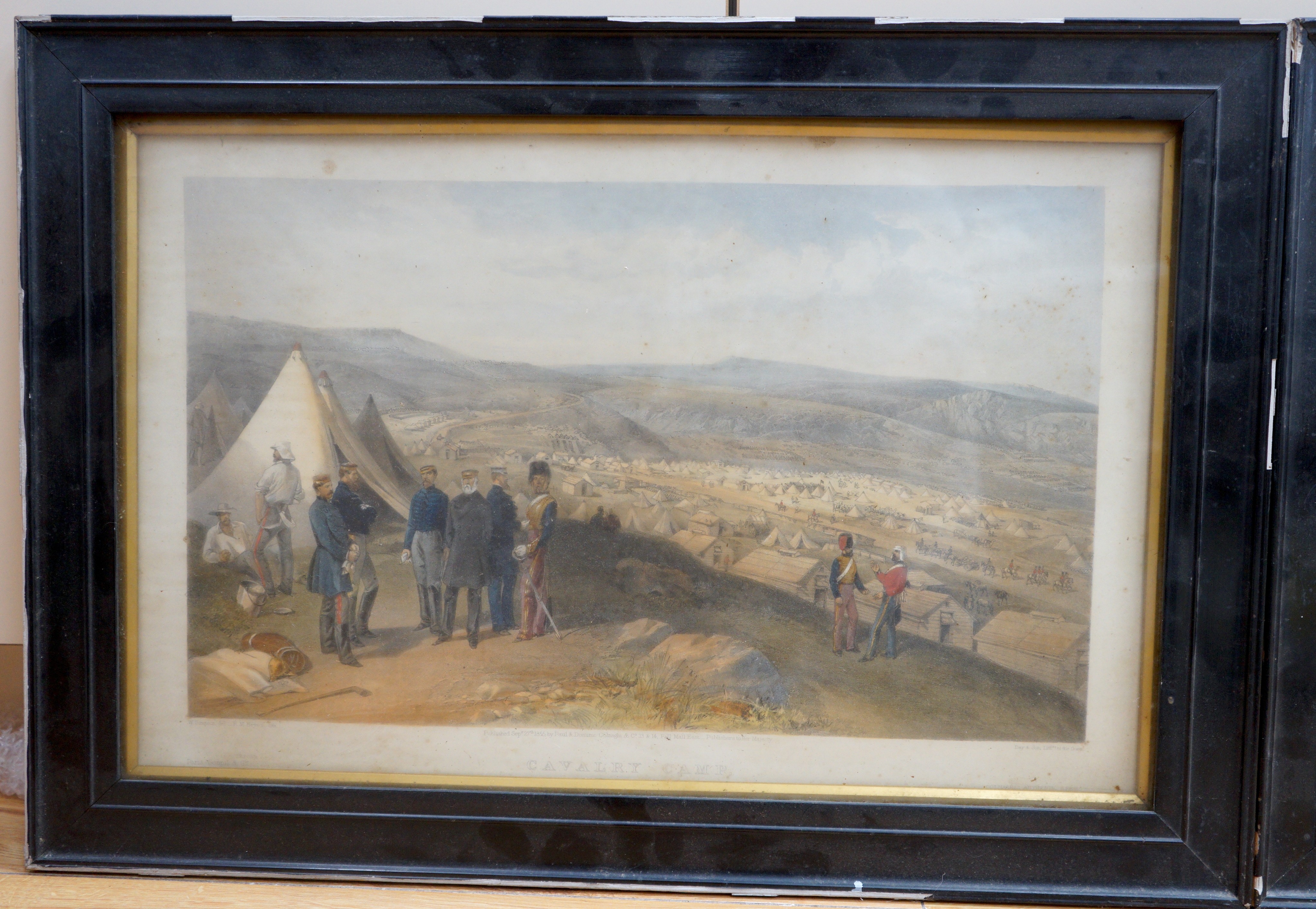 Bryson after Simpson, two coloured lithographs, Scenes from the Crimea, 'Cavalry Camp' and 'Funeral Cortege of Lord Raglan leaving headquarters', 1855, 33 x 52cm